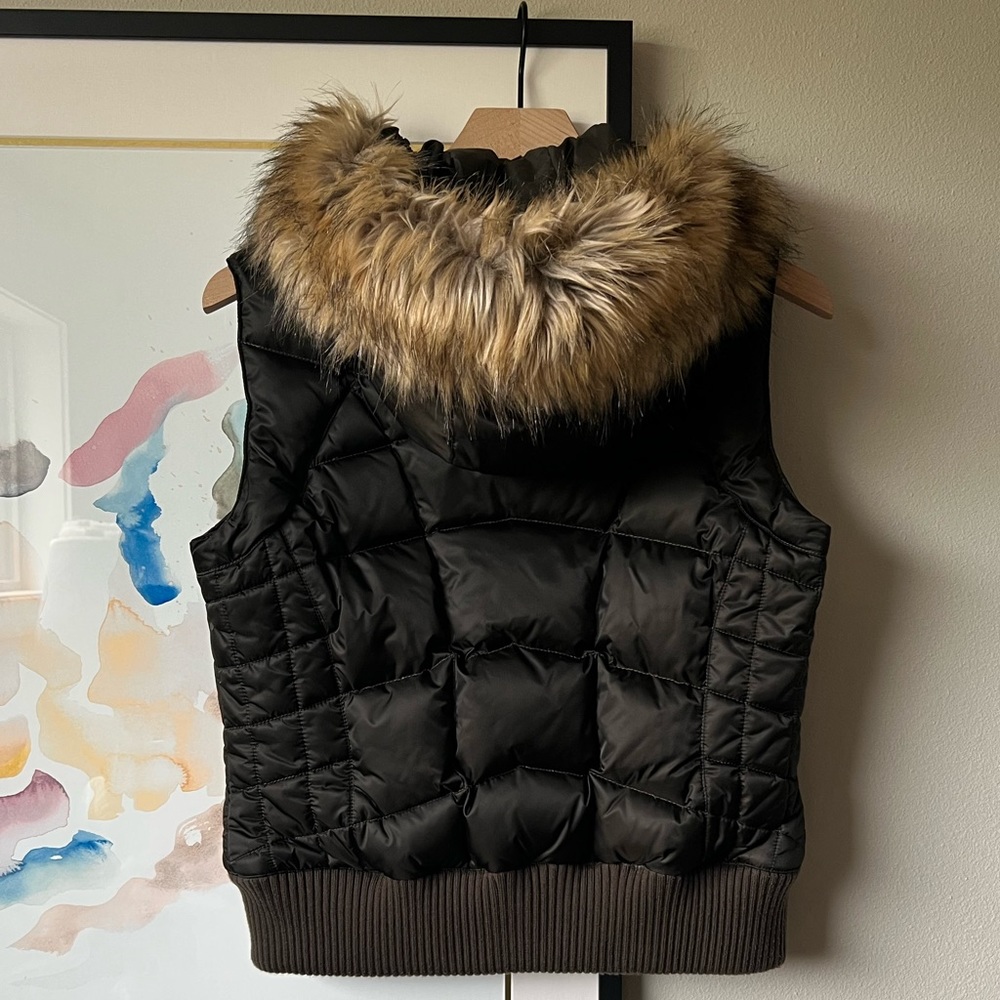 The North Face dark olive faux fur 550 puffer vest size S
